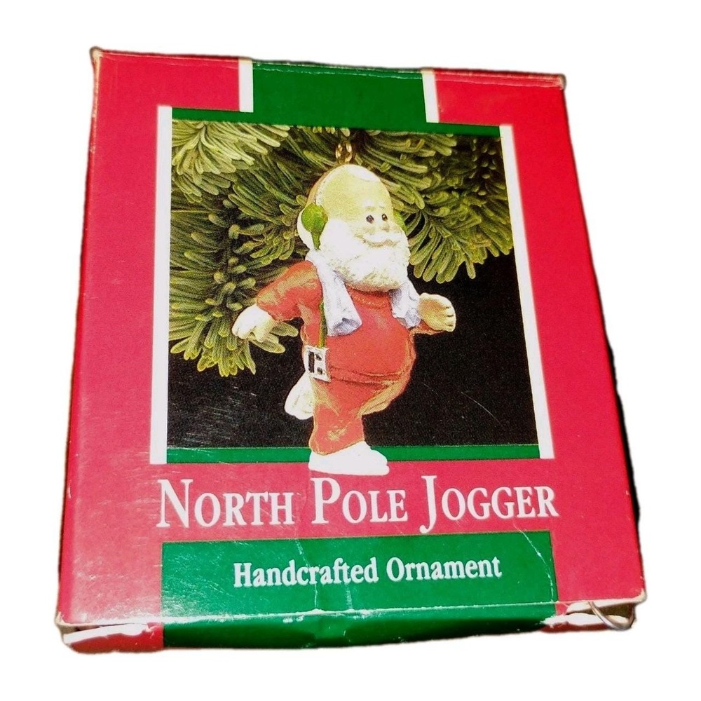 Vtg 1989 Hallmark Jogger Santa North Pole Christmas Ornament handcrafted EUC